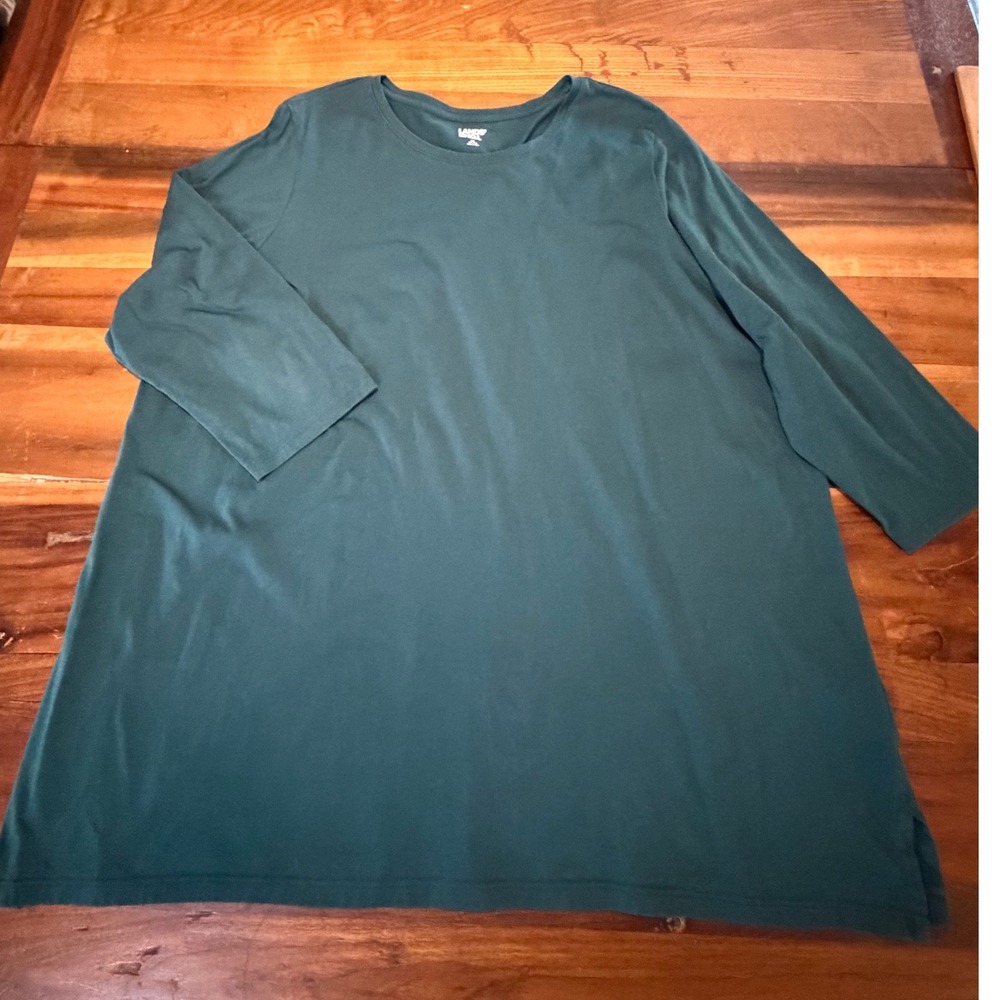 Lands End Womens 2X 20W-22W Dark Green 100% Cotton 3/4 Sleeve Knit Tunic Top